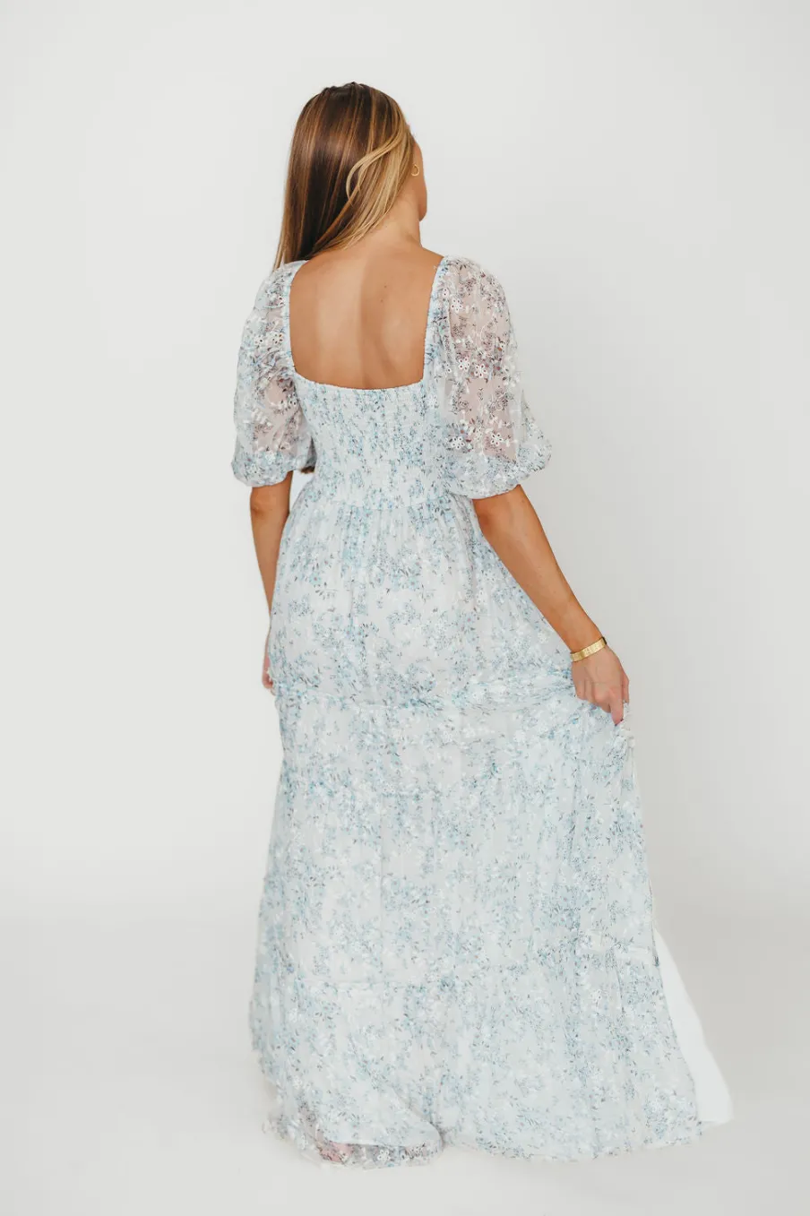 New Worth Collective Daphne High Slit Eyelet Detail Maxi Dress in Blue and White Floral - I