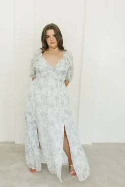 New Worth Collective Daphne High Slit Eyelet Detail Maxi Dress in Blue and White Floral - I