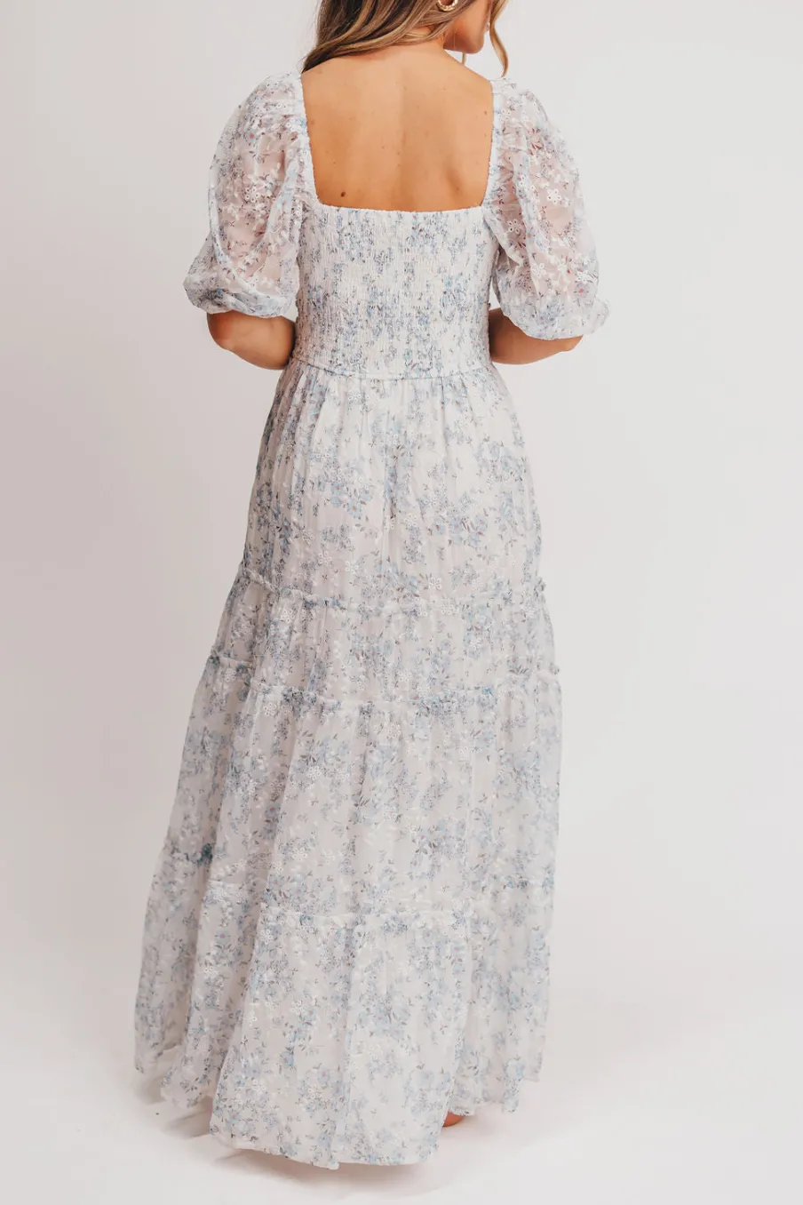 New Worth Collective Daphne High Slit Eyelet Detail Maxi Dress in Blue and White Floral - I