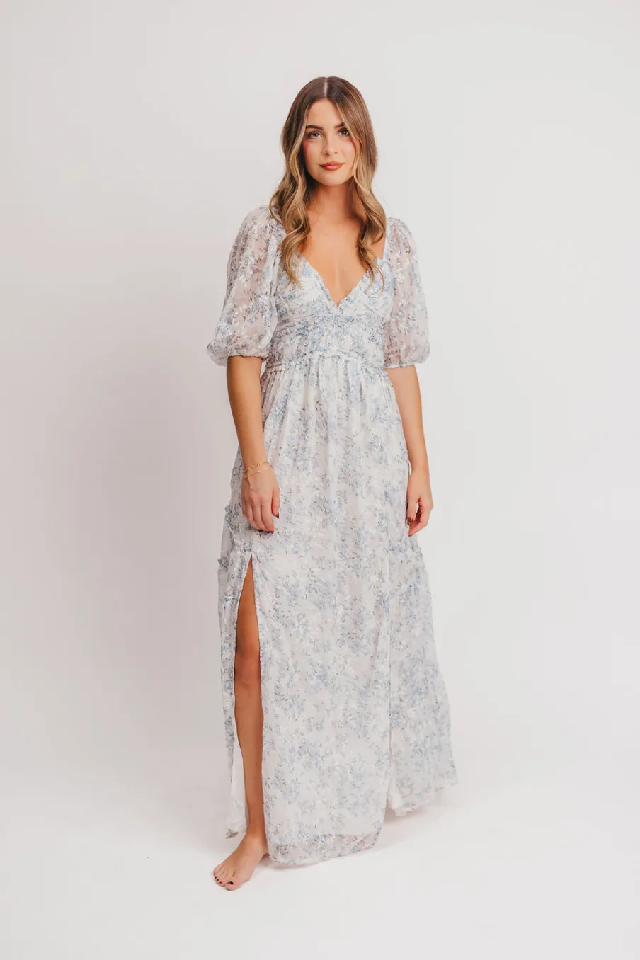 New Worth Collective Daphne High Slit Eyelet Detail Maxi Dress in Blue and White Floral - I