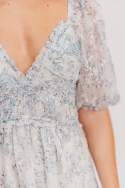 New Worth Collective Daphne High Slit Eyelet Detail Maxi Dress in Blue and White Floral - I