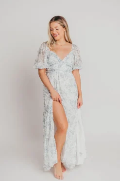 New Worth Collective Daphne High Slit Eyelet Detail Maxi Dress in Blue and White Floral - I