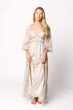 Hot Worth Collective Daphne Long Sleeve Maxi Dress in Beige/Blue Floral - Bump Friendly & I