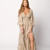 New Worth Collective Daphne Long Sleeve Maxi Dress in Beige Multi Floral - Bump Friendly &