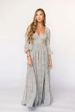 Online Worth Collective Daphne Long Sleeve Maxi Dress in Sage/Pink/Ivory Floral - Bump Friendl