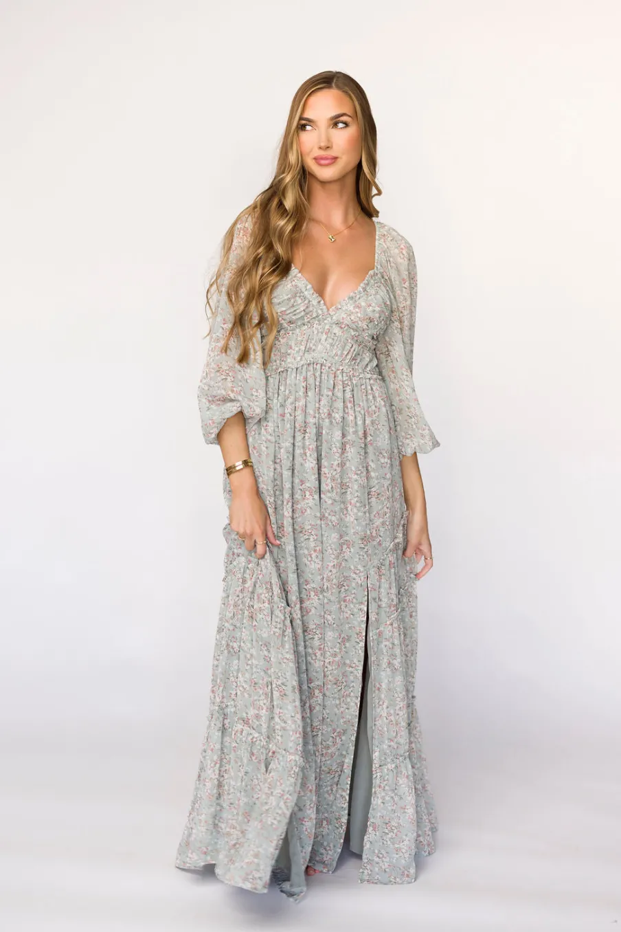 Online Worth Collective Daphne Long Sleeve Maxi Dress in Sage/Pink/Ivory Floral - Bump Friendl