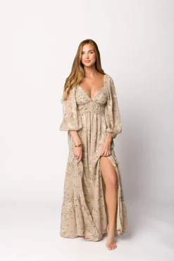 New Worth Collective Daphne Long Sleeve Maxi Dress in Beige Multi Floral - Bump Friendly &