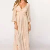 Outlet Worth Collective Daphne Long Sleeve Maxi Dress in Light Beige/White Floral - Bump Frien