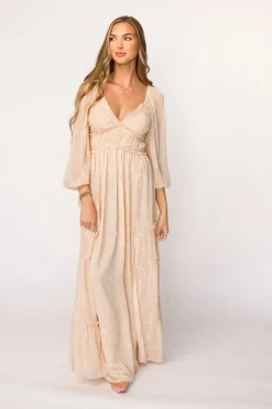 Outlet Worth Collective Daphne Long Sleeve Maxi Dress in Light Beige/White Floral - Bump Frien