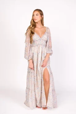 Hot Worth Collective Daphne Long Sleeve Maxi Dress in Beige/Blue Floral - Bump Friendly & I