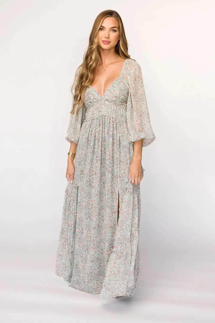 Online Worth Collective Daphne Long Sleeve Maxi Dress in Sage/Pink/Ivory Floral - Bump Friendl