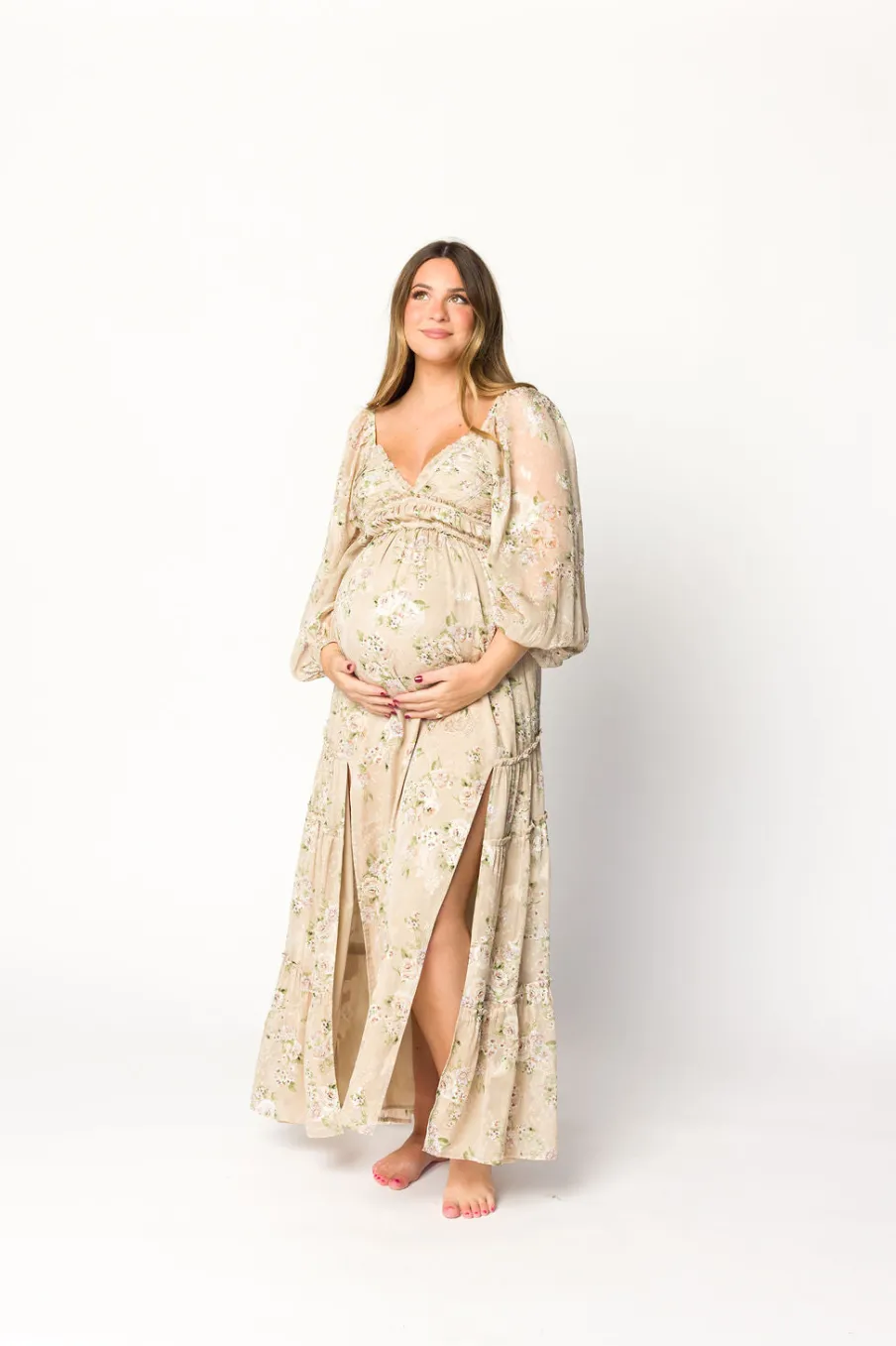 New Worth Collective Daphne Long Sleeve Maxi Dress in Beige Multi Floral - Bump Friendly &