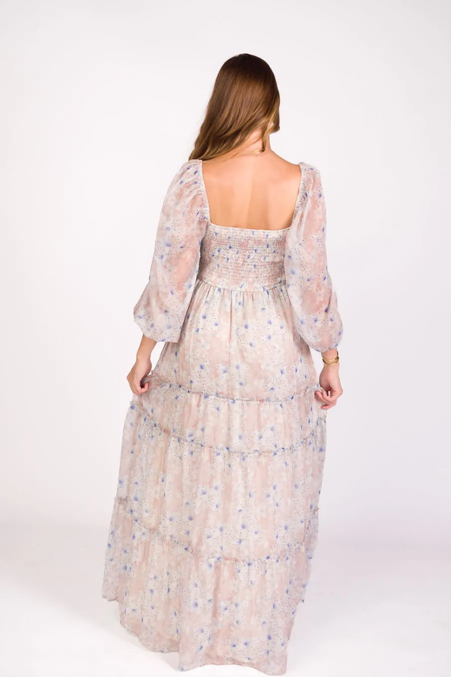 Hot Worth Collective Daphne Long Sleeve Maxi Dress in Beige/Blue Floral - Bump Friendly & I