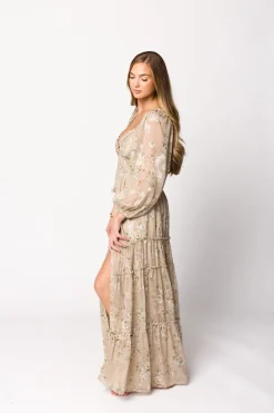 New Worth Collective Daphne Long Sleeve Maxi Dress in Beige Multi Floral - Bump Friendly &