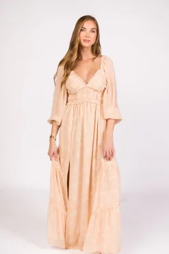 Outlet Worth Collective Daphne Long Sleeve Maxi Dress in Light Beige/White Floral - Bump Frien