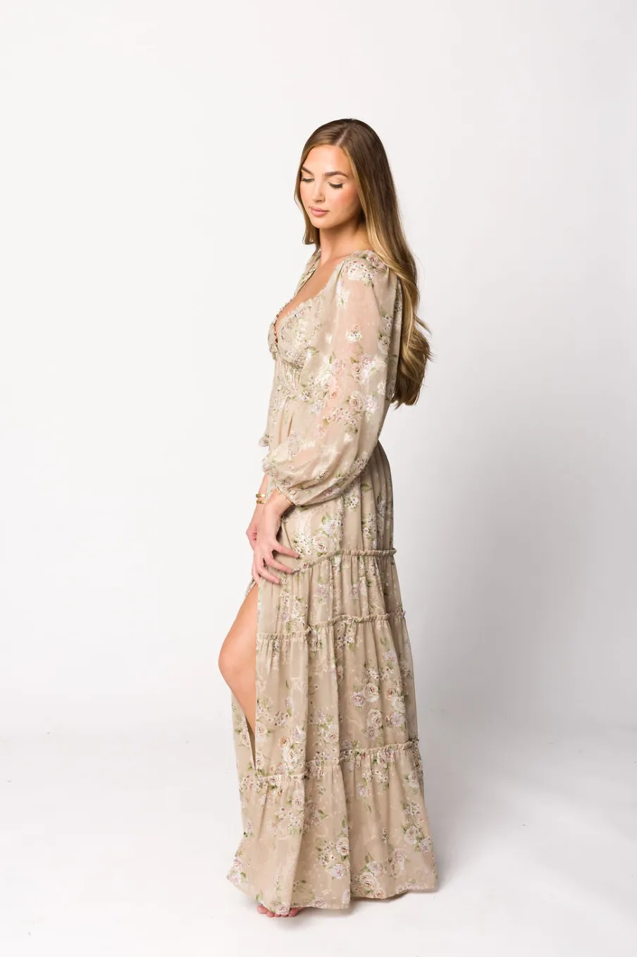 New Worth Collective Daphne Long Sleeve Maxi Dress in Beige Multi Floral - Bump Friendly &