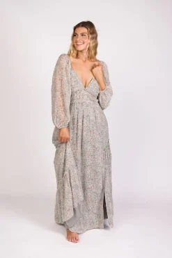 Online Worth Collective Daphne Long Sleeve Maxi Dress in Sage/Pink/Ivory Floral - Bump Friendl