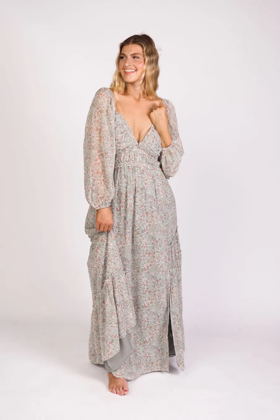 Online Worth Collective Daphne Long Sleeve Maxi Dress in Sage/Pink/Ivory Floral - Bump Friendl
