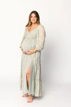 Online Worth Collective Daphne Long Sleeve Maxi Dress in Sage/Pink/Ivory Floral - Bump Friendl