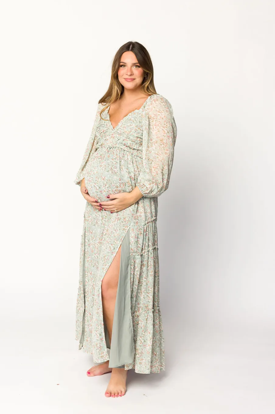 Online Worth Collective Daphne Long Sleeve Maxi Dress in Sage/Pink/Ivory Floral - Bump Friendl