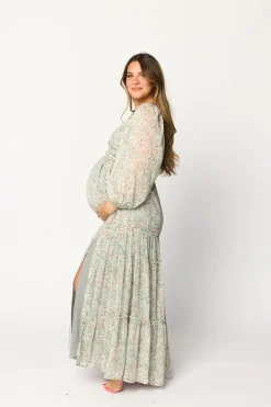 Online Worth Collective Daphne Long Sleeve Maxi Dress in Sage/Pink/Ivory Floral - Bump Friendl