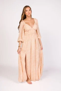 Outlet Worth Collective Daphne Long Sleeve Maxi Dress in Light Beige/White Floral - Bump Frien