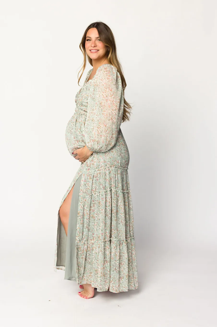 Online Worth Collective Daphne Long Sleeve Maxi Dress in Sage/Pink/Ivory Floral - Bump Friendl