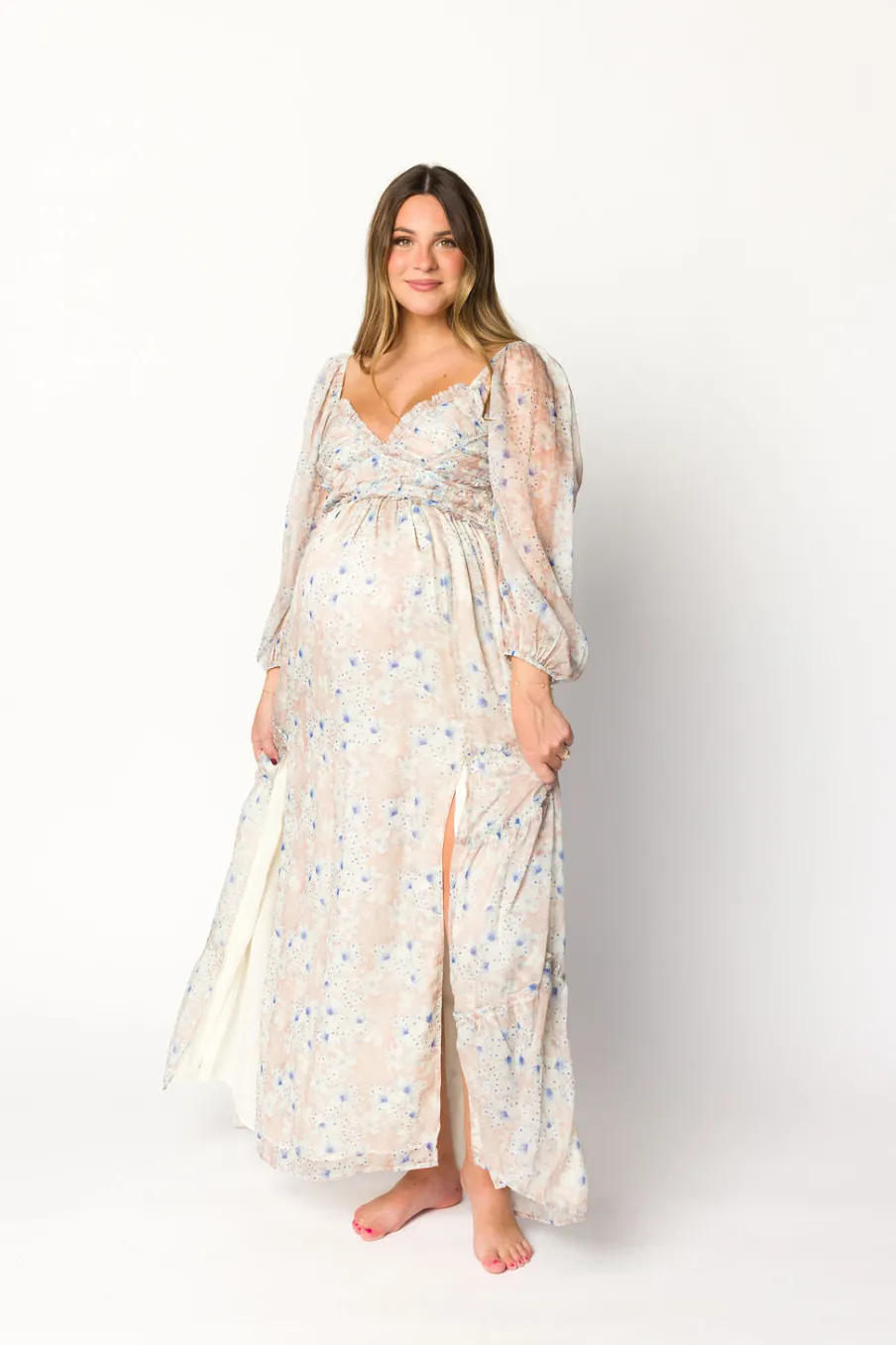Hot Worth Collective Daphne Long Sleeve Maxi Dress in Beige/Blue Floral - Bump Friendly & I