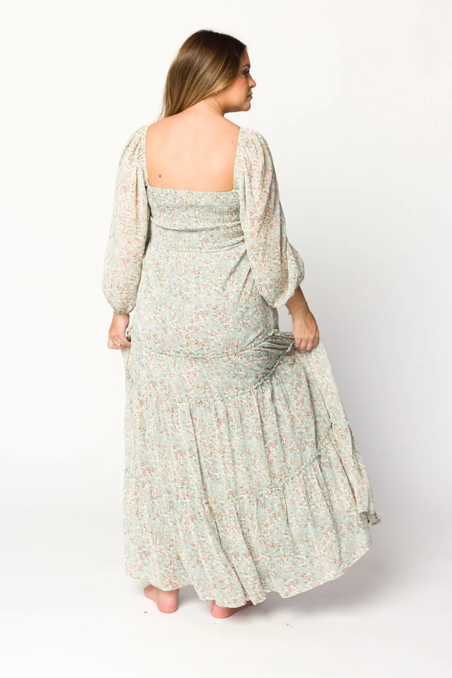 Online Worth Collective Daphne Long Sleeve Maxi Dress in Sage/Pink/Ivory Floral - Bump Friendl