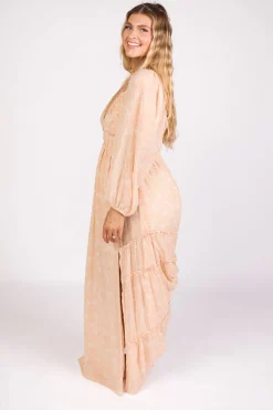 Outlet Worth Collective Daphne Long Sleeve Maxi Dress in Light Beige/White Floral - Bump Frien