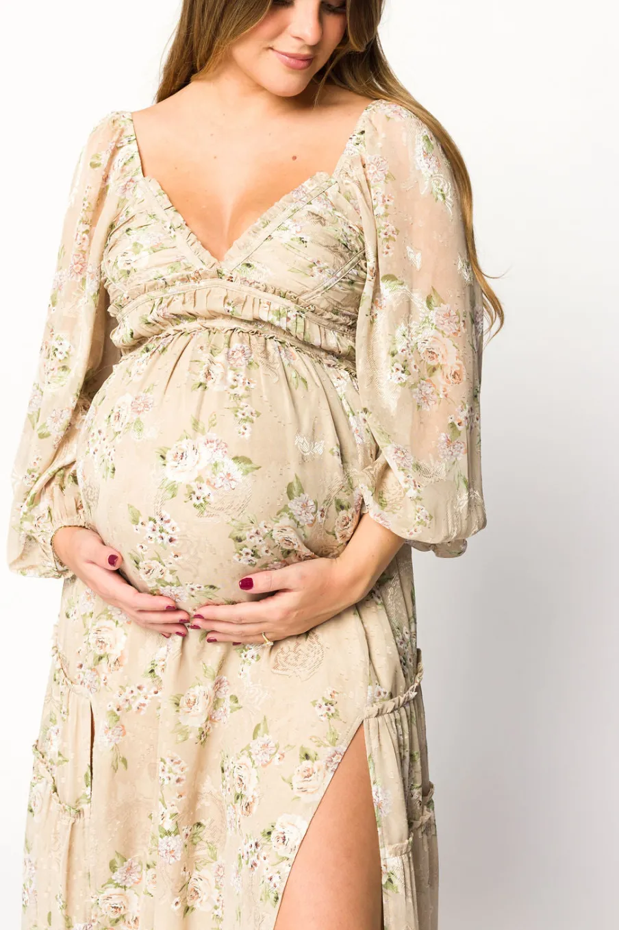 New Worth Collective Daphne Long Sleeve Maxi Dress in Beige Multi Floral - Bump Friendly &
