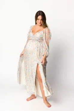 Hot Worth Collective Daphne Long Sleeve Maxi Dress in Beige/Blue Floral - Bump Friendly & I