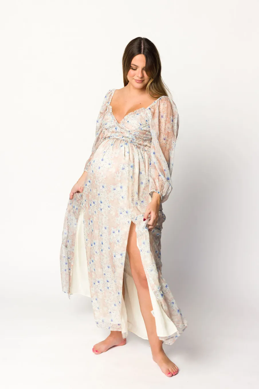 Hot Worth Collective Daphne Long Sleeve Maxi Dress in Beige/Blue Floral - Bump Friendly & I