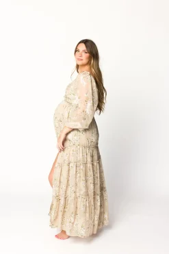 New Worth Collective Daphne Long Sleeve Maxi Dress in Beige Multi Floral - Bump Friendly &