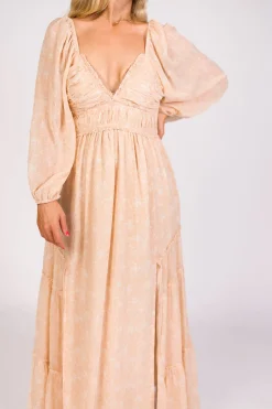 Outlet Worth Collective Daphne Long Sleeve Maxi Dress in Light Beige/White Floral - Bump Frien