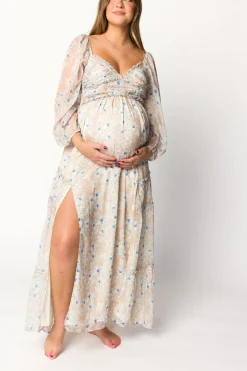 Hot Worth Collective Daphne Long Sleeve Maxi Dress in Beige/Blue Floral - Bump Friendly & I