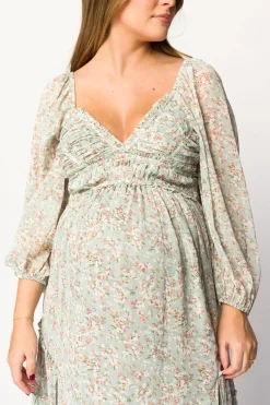Online Worth Collective Daphne Long Sleeve Maxi Dress in Sage/Pink/Ivory Floral - Bump Friendl