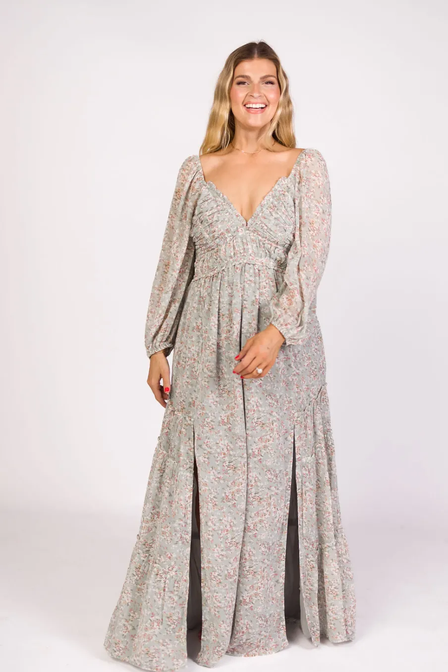 Online Worth Collective Daphne Long Sleeve Maxi Dress in Sage/Pink/Ivory Floral - Bump Friendl