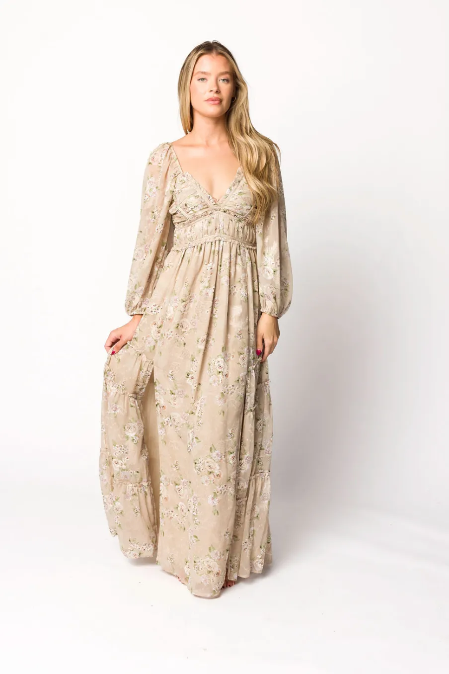 New Worth Collective Daphne Long Sleeve Maxi Dress in Beige Multi Floral - Bump Friendly &