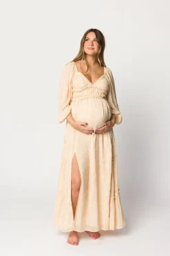 Outlet Worth Collective Daphne Long Sleeve Maxi Dress in Light Beige/White Floral - Bump Frien