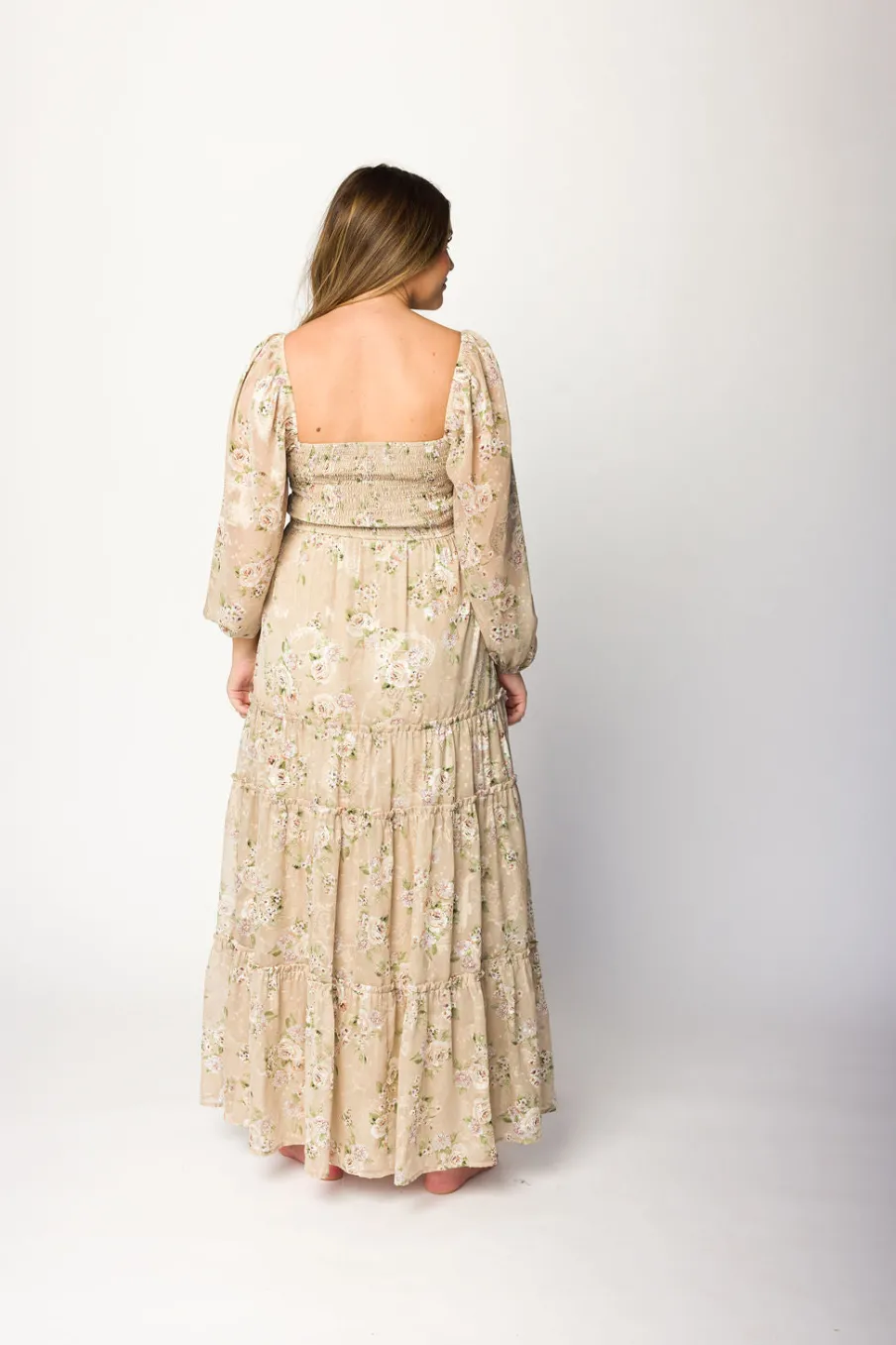 New Worth Collective Daphne Long Sleeve Maxi Dress in Beige Multi Floral - Bump Friendly &