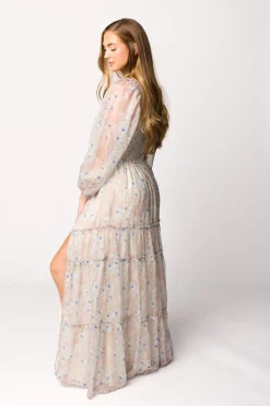 Hot Worth Collective Daphne Long Sleeve Maxi Dress in Beige/Blue Floral - Bump Friendly & I
