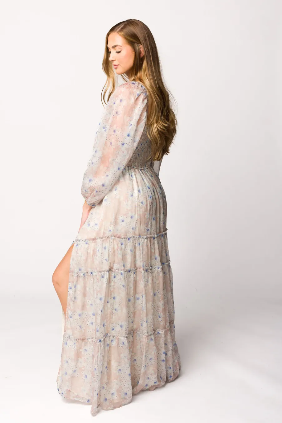 Hot Worth Collective Daphne Long Sleeve Maxi Dress in Beige/Blue Floral - Bump Friendly & I