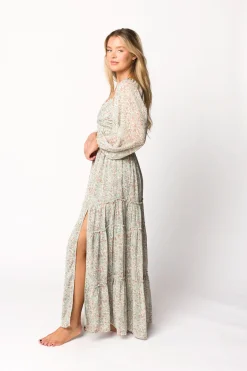 Online Worth Collective Daphne Long Sleeve Maxi Dress in Sage/Pink/Ivory Floral - Bump Friendl