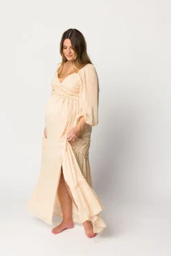 Outlet Worth Collective Daphne Long Sleeve Maxi Dress in Light Beige/White Floral - Bump Frien