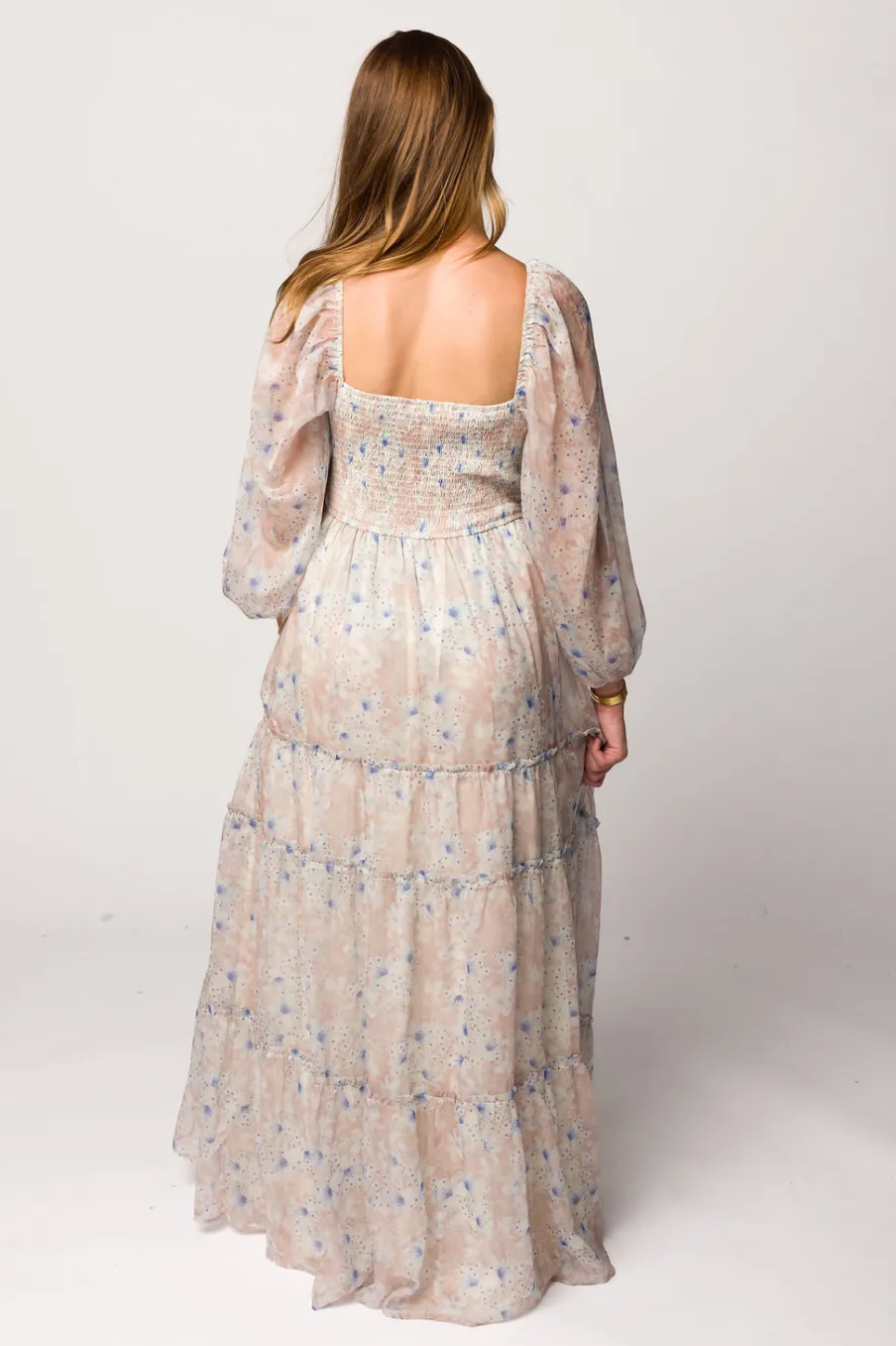 Hot Worth Collective Daphne Long Sleeve Maxi Dress in Beige/Blue Floral - Bump Friendly & I