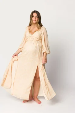Outlet Worth Collective Daphne Long Sleeve Maxi Dress in Light Beige/White Floral - Bump Frien