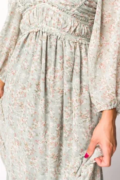 Online Worth Collective Daphne Long Sleeve Maxi Dress in Sage/Pink/Ivory Floral - Bump Friendl