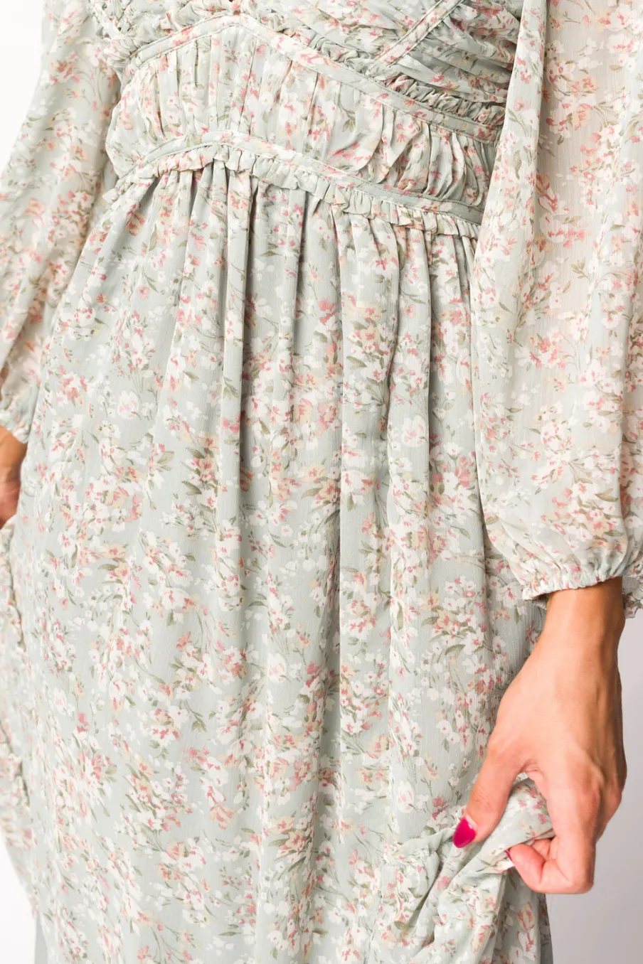 Online Worth Collective Daphne Long Sleeve Maxi Dress in Sage/Pink/Ivory Floral - Bump Friendl