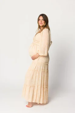 Outlet Worth Collective Daphne Long Sleeve Maxi Dress in Light Beige/White Floral - Bump Frien